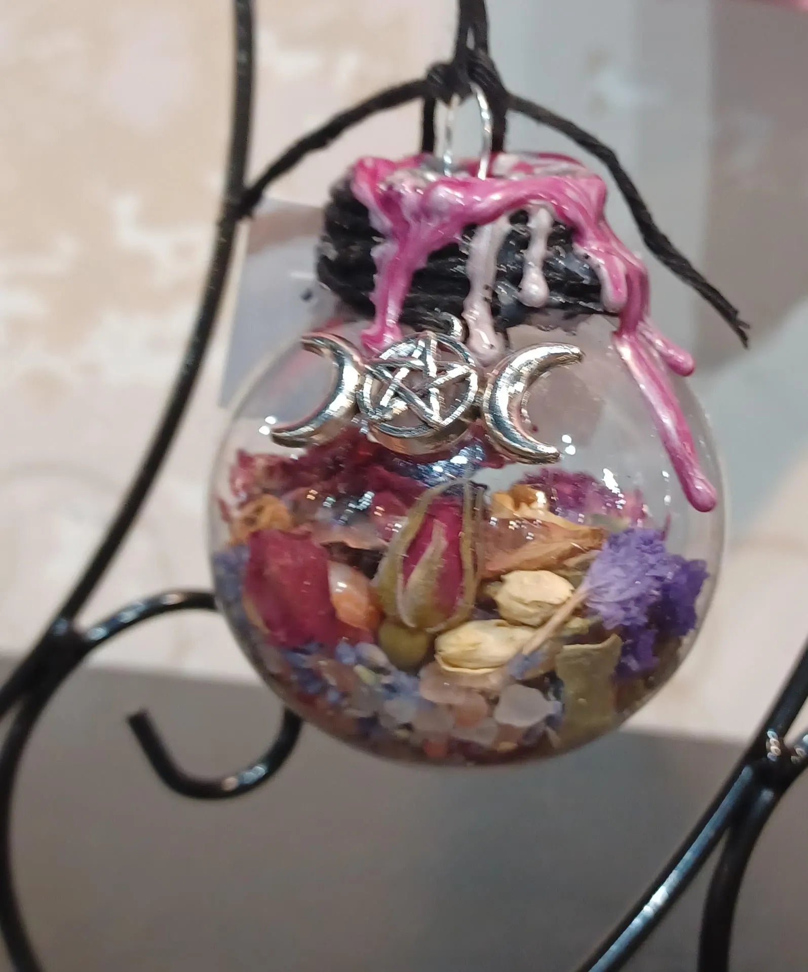 Handcrafted Witch Ball: Dried Flowers, Herbs, Crystals
